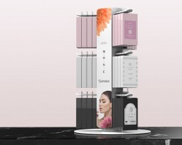 modular spinner display with cosmetics products